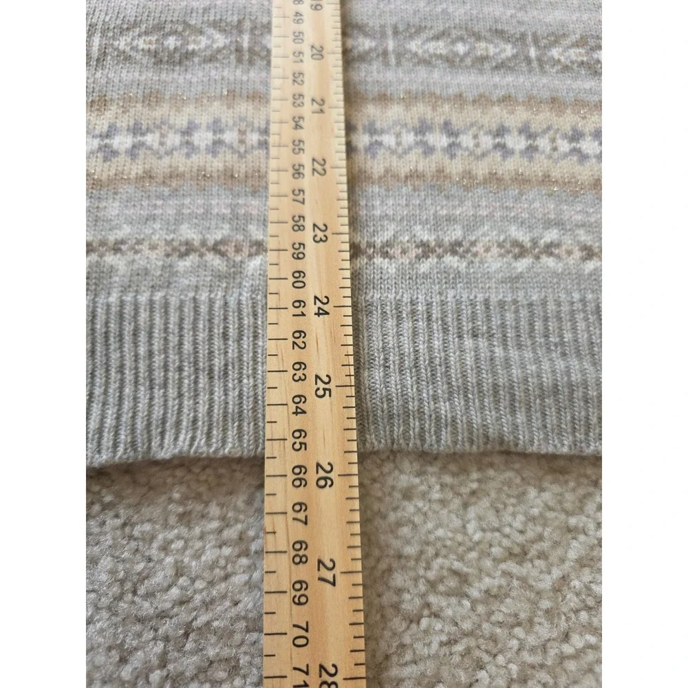 Lauren Ralph Lauren Fair Isle Metallic V-Neck Sweater Womens 3X Beige Grey Knit